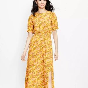 LOFT Garden Floral Gold Tie-Back Cottagecore Midi Dress - Size Medium EUC